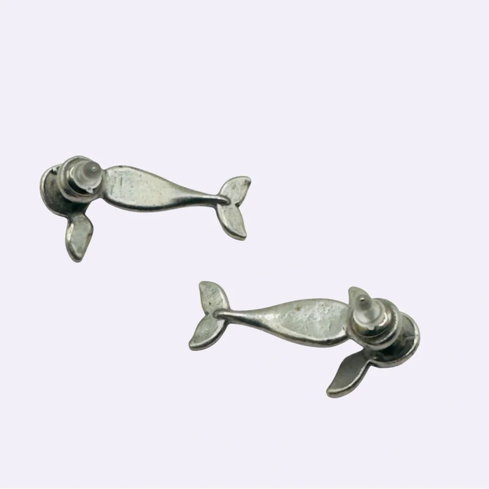 Vintage EARlusion Earrings 3D Pewter Dolphin Studs Silver Tone